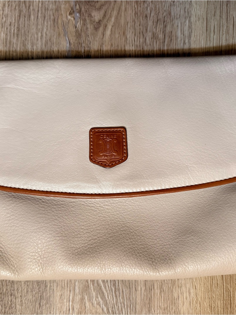 Céline Cream Leather Triomphe Clutch with Tan Trim